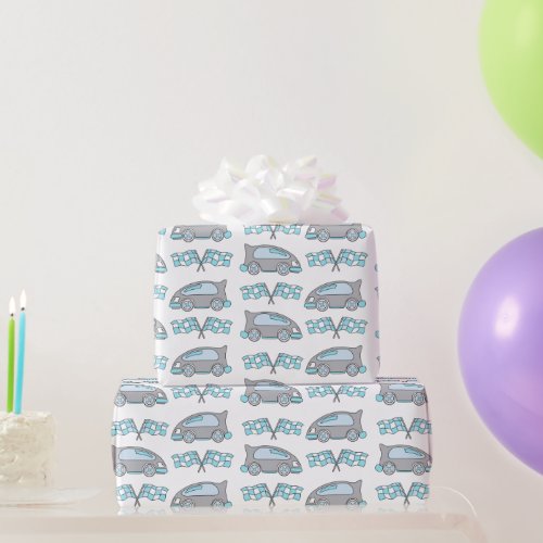 Racing Cars and Flags on White Pattern Wrapping Paper - A pattern with racing cars and flags. This wrapping paper comes with blue and gray racing cars and a racing flag in blue, white and gray colours. It`s a pattern for children, specially boys. The background is white, but you can change the colour. Great wrapping paper for a kid`s present.