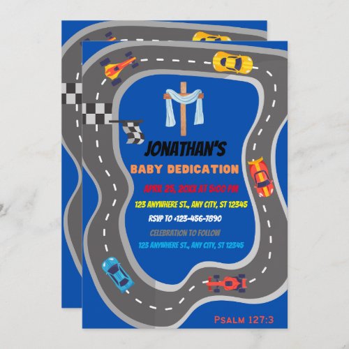 Racing Cars Racetrack Baby Boy Dedication  Invitation