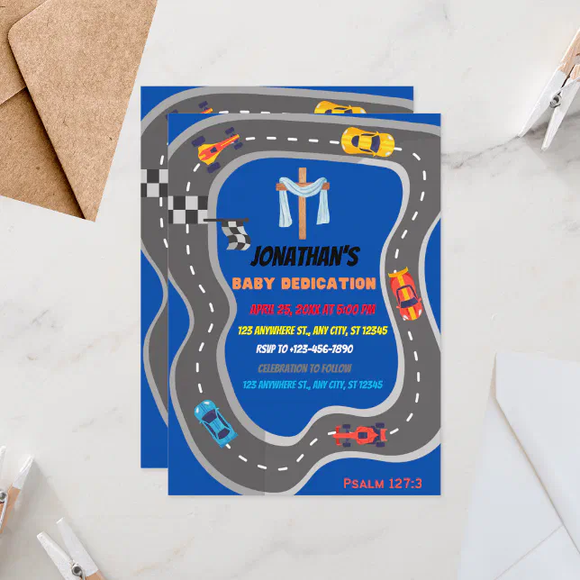Racing Cars Racetrack Baby Boy Dedication Invitation | Zazzle