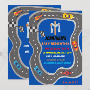 Racing Cars Racetrack Baby Boy Dedication Invitation