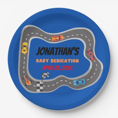 Racing Cars Racetrack Baby Boy Dedication Paper Plates