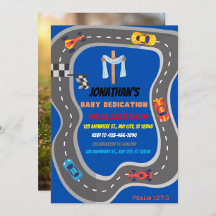 Racing Cars Racetrack Baby Boy Dedication Photo Invitation