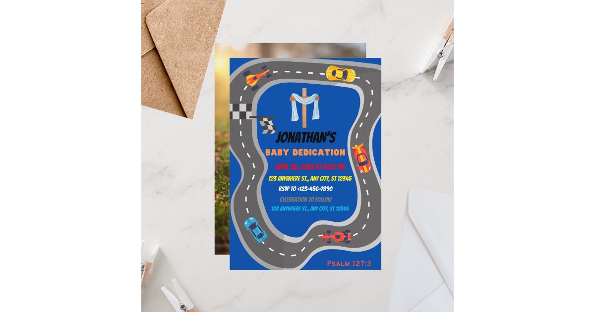 Racing Cars Racetrack Baby Boy Dedication Photo Invitation | Zazzle
