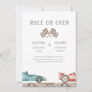 Racing Cars Siblings Joint Birthday Party Invitation