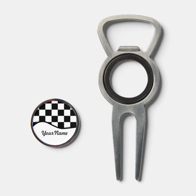 Racing Check Black White Checkered + Name Divot Tool (Front (Open))