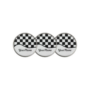 Racing Check Black White Checkered + Name Golf Ball Marker