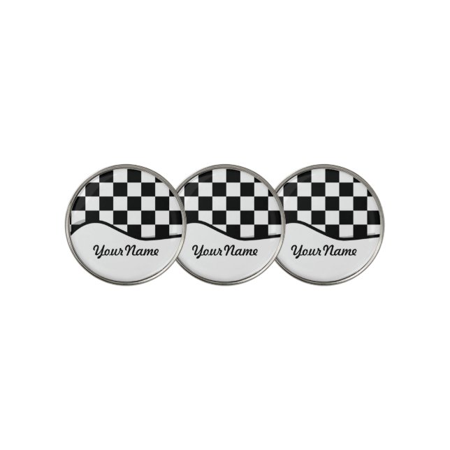 Racing Check Black White Checkered + Name Golf Ball Marker (3 Up)