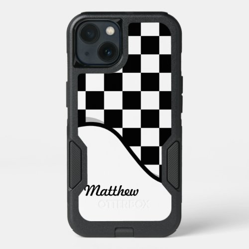 Racing Check Black White Checkered  Name iPhone 13 Case