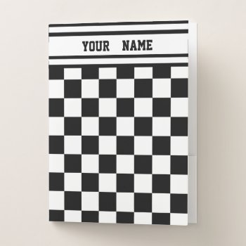 Racing Check Black White Checkered   Name Pocket Folder by SportsFanHomeDecor at Zazzle
