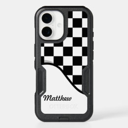 Racing Check Black White Checkered + Your Name iPhone 16 Case