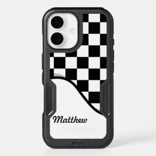 Racing Check Black White Checkered + Your Name iPhone 16 Case