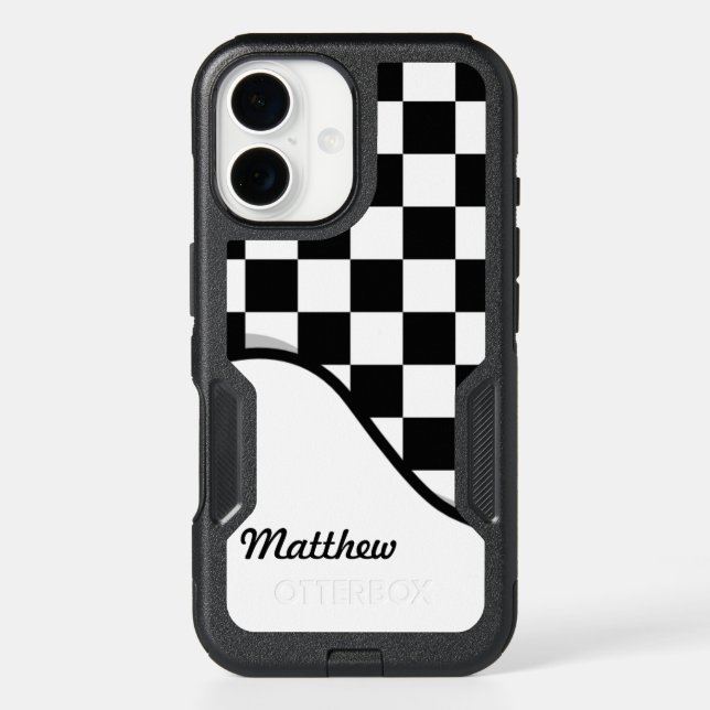 Racing Check Black White Checkered + Your Name Otterbox iPhone Case (Back)
