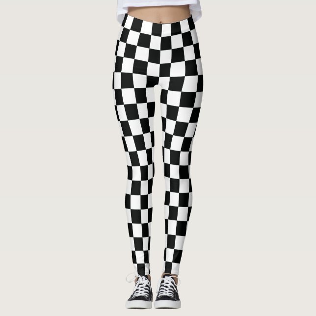 Racing Checkered Flag Black White Checker Pattern Leggings (Front)