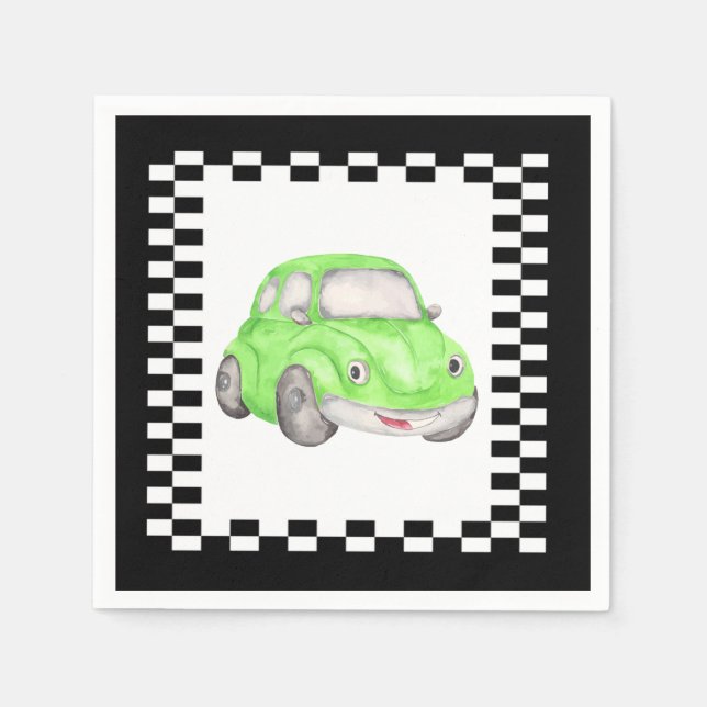 Racing Checkered Flag Green Watercolor Car Napkins (Front)
