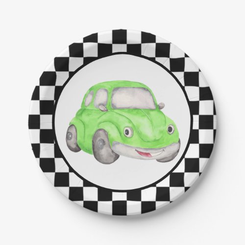 Racing Checkered Flag Green Watercolor Car Paper Plates