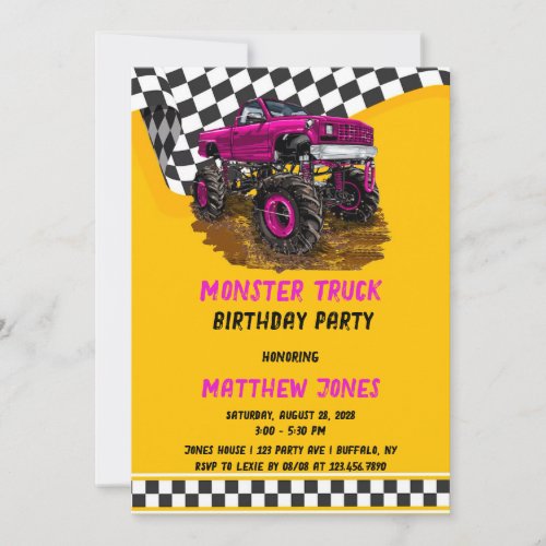 Racing checkered flag Monster Truck Birthday Party Invitation