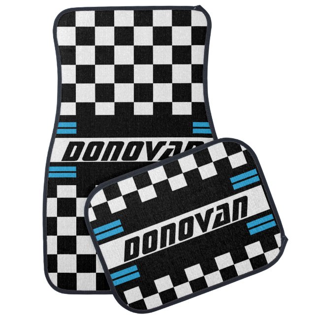 Racing Checkered Flag Pattern Blue, Black & White Car Mat (Set)