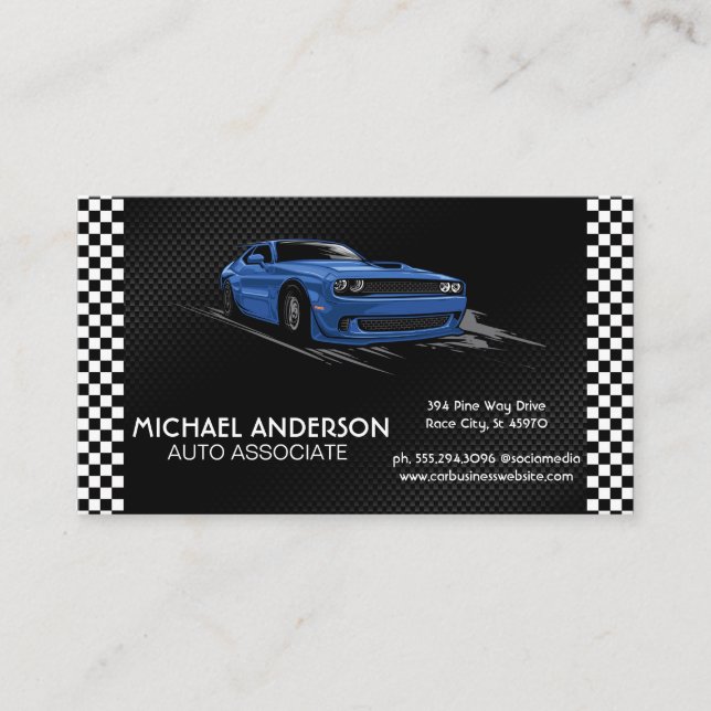 Racing Checkered Flags | Blue Sports Car Business Card (Front)