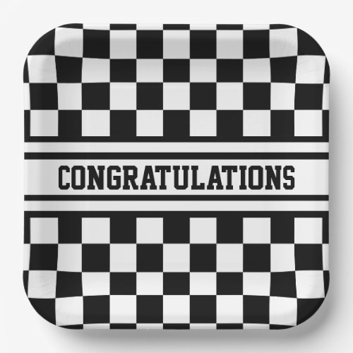 Racing Checkered Winners Flag Black and White Paper Plates