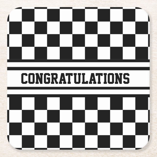 Racing Checkered Winners Flag Black and White Square Paper Coaster (Front)