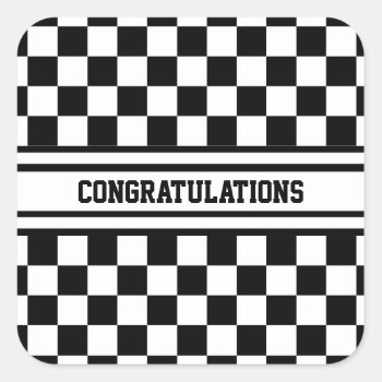 Racing Checkered Winners Flag Black And White Square Sticker by SportsFanHomeDecor at Zazzle