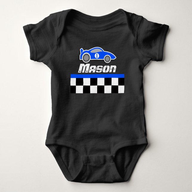 Racing driver blue car custom name baby boy romper (Front)