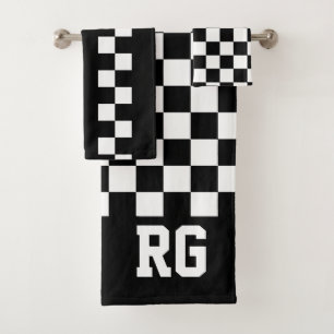 Racing Flag Black White Checkered Personalized Bath Towel Set