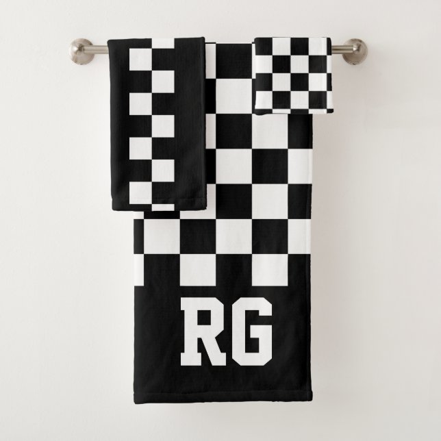 Racing Flag Black White Checkered Personalized Bath Towel Set (Insitu)