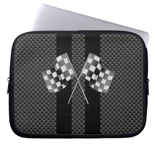 Racing Flags Design on Stripes Carbon Fiber Style Laptop Sleeve (Front)
