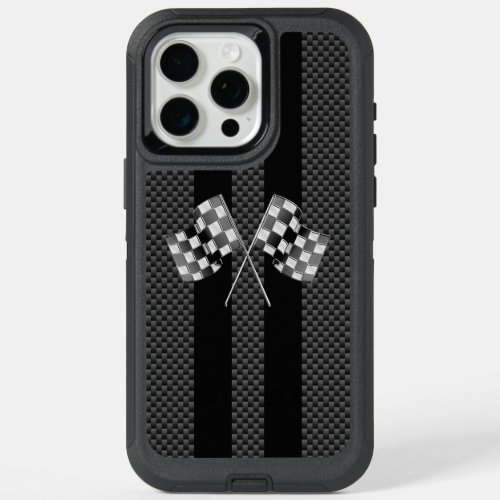 Racing Flags Design on Stripes Carbon Fiber Style iPhone 15 Pro Max Case