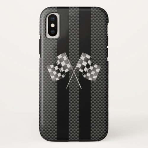 Racing Flags on Black Stripes Carbon Fiber Style iPhone XS Case