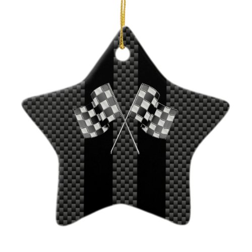 Racing Flags on Black Stripes Carbon Fiber Style Ceramic Ornament