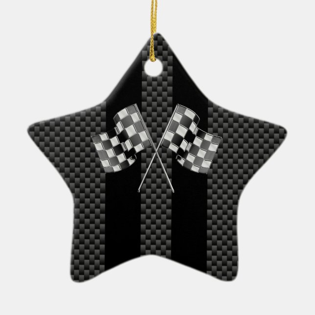 Racing Flags on Black Stripes Carbon Fiber Style Ceramic Ornament (Front)
