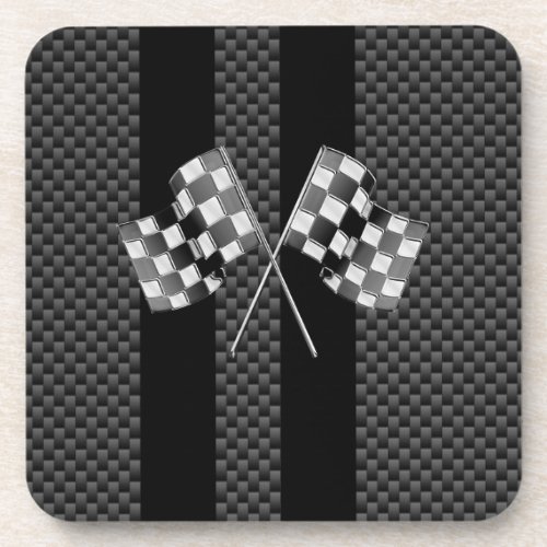 Racing Flags on Black Stripes Carbon Fiber Style Coaster