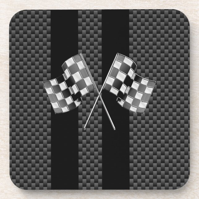 Racing Flags on Black Stripes Carbon Fiber Style Coaster (Front)