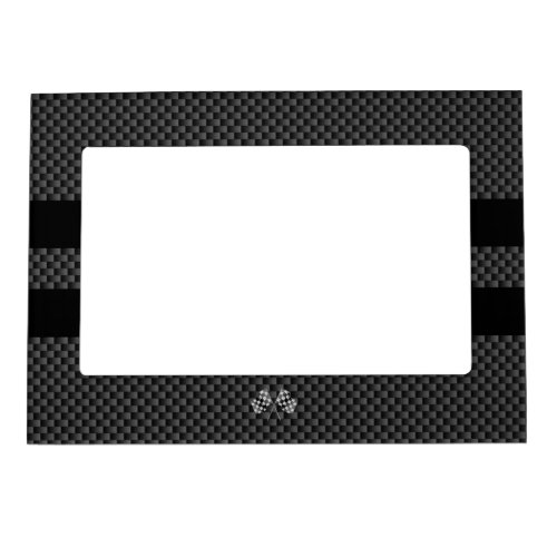 Racing Flags on Black Stripes Carbon Fiber Style Magnetic Photo Frame
