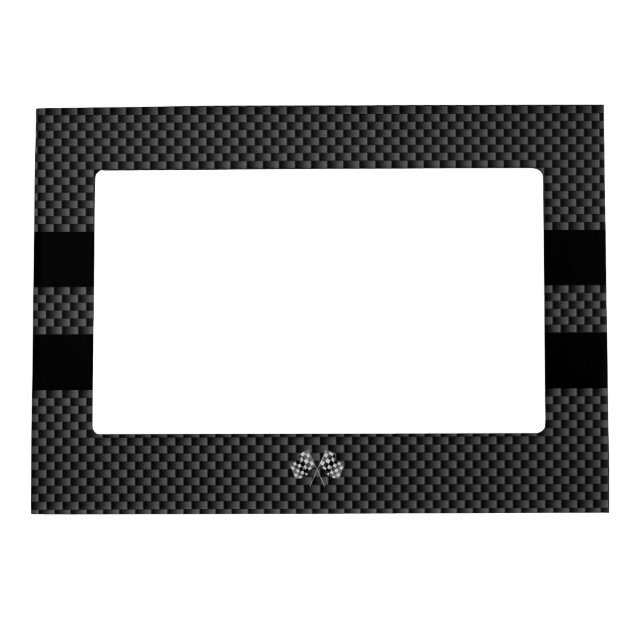 Racing Flags on Black Stripes Carbon Fiber Style Magnetic Photo Frame (Front)