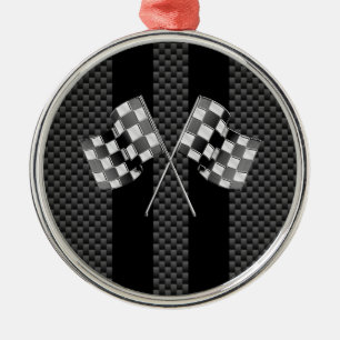 Racing Flags on Black Stripes Carbon Fiber Style Metal Ornament