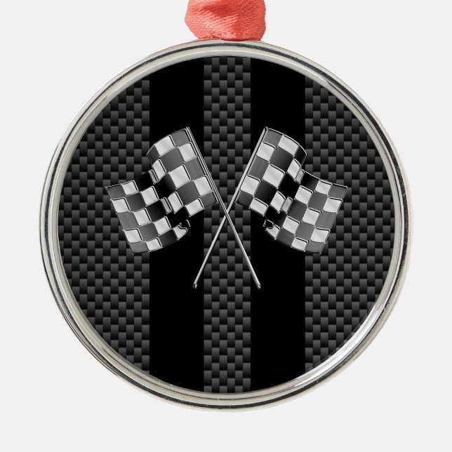Racing Flags on Black Stripes Carbon Fiber Style Metal Ornament (Front)