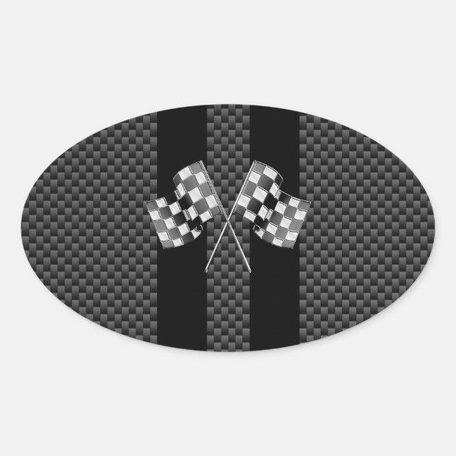 Racing Flags on Black Stripes Carbon Fiber Style Oval Sticker (Front)