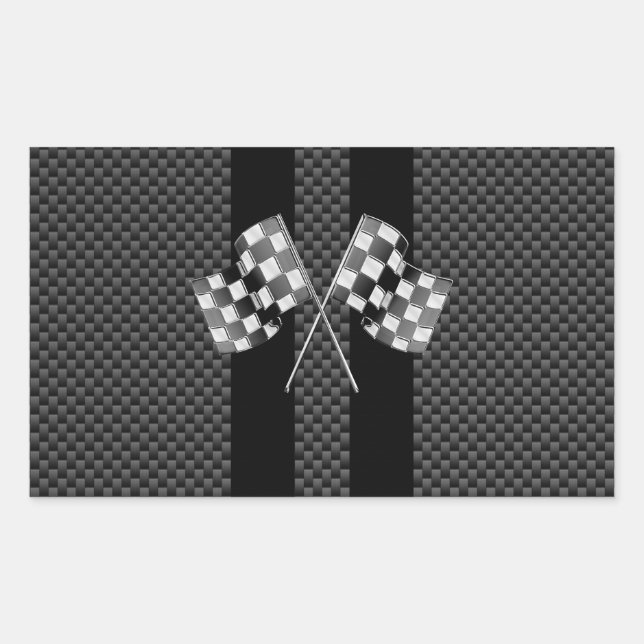 Racing Flags on Black Stripes Carbon Fiber Style Rectangular Sticker (Front)