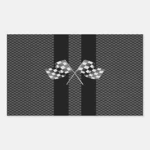 Racing Flags on Black Stripes Carbon Fiber Style Rectangular Sticker