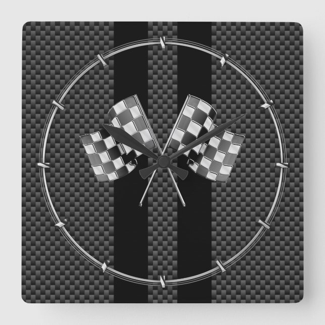 Racing Flags on Black Stripes Carbon Fiber Style Square Wall Clock (Front)