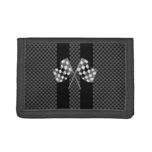Racing Flags on Black Stripes Carbon Fiber Style Tri-fold Wallet