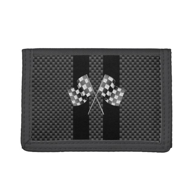 Racing Flags on Black Stripes Carbon Fiber Style Trifold Wallet (Front)