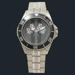 Racing Flags on Black Stripes Carbon Fiber Style Watch<br><div class="desc">A crossed checkered racing flags rendered as a chrome like applique on a carbon fiber style design print. The carbon fiber and black stripes look suits automotive,  modern,  and industrial tastes and the 3D simulation of the flags makes for a dynamic looking design. 







Introducing</div>