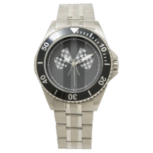 Racing Flags on Black Stripes Carbon Fiber Style Watch