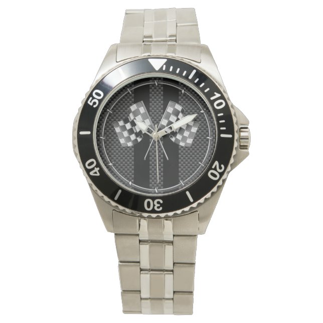 Racing Flags on Black Stripes Carbon Fiber Style Watch (Front)
