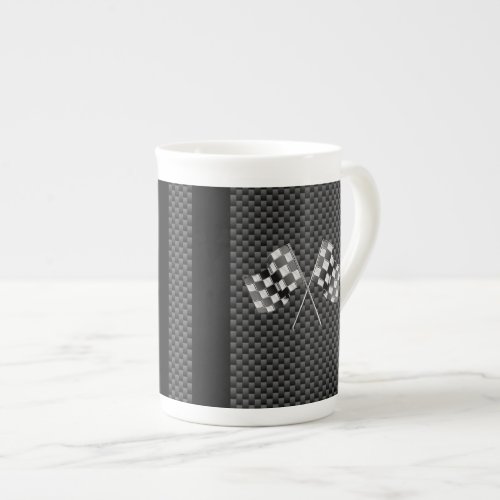 Racing Flags on Stripes Carbon Fiber Like Style Bone China Mug