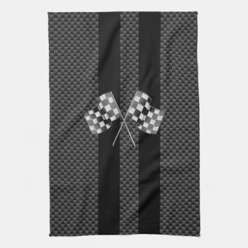 Racing Flags On Stripes Carbon Fiber Like Style Kitchen Towel by AmericanStyle at Zazzle